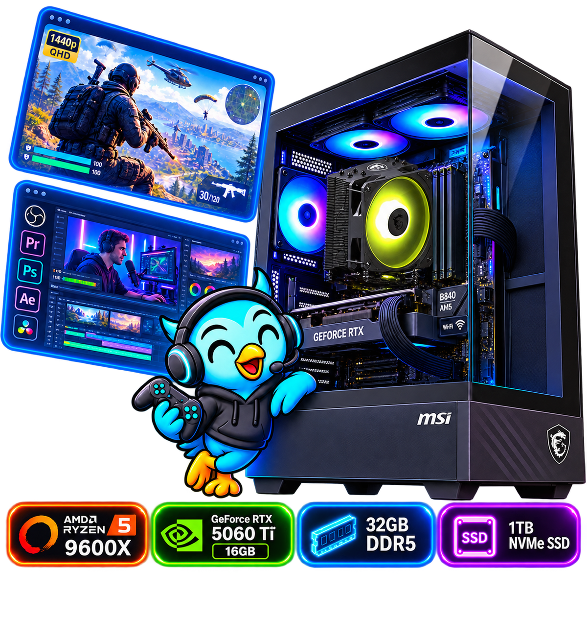 PC Smart Build Performance RTX 5060 Ti | Ryzen 5 9600X | RTX 5060 Ti 16GB | 32GB DDR5 | 1TB SSD