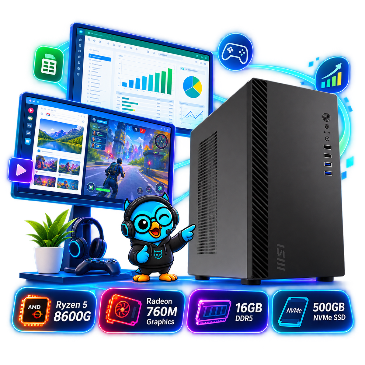 PC Smart Build Start 8600G | Ryzen 5 8600G | Radeon 760M | 16GB DDR5 | 500GB SSD