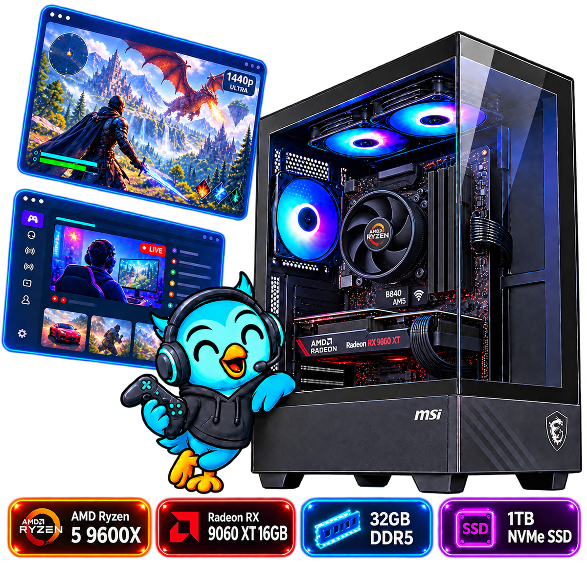 PC Smart Build Performance RX 9060 XT | Ryzen 5 9600X | RX 9060 XT 16GB | 32GB DDR5 | 1TB SSD