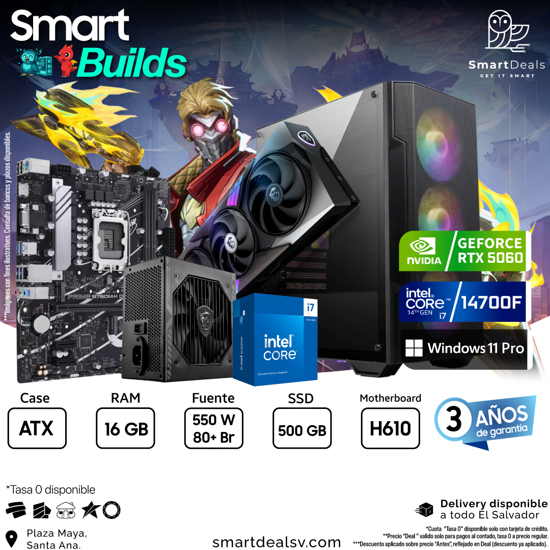 SmartBuilds PC Gamer | Intel Core i7-14700F | NVIDIA GeForce RTX 5060 | RAM 16GB | SSD 500GB | Windows 11 Pro