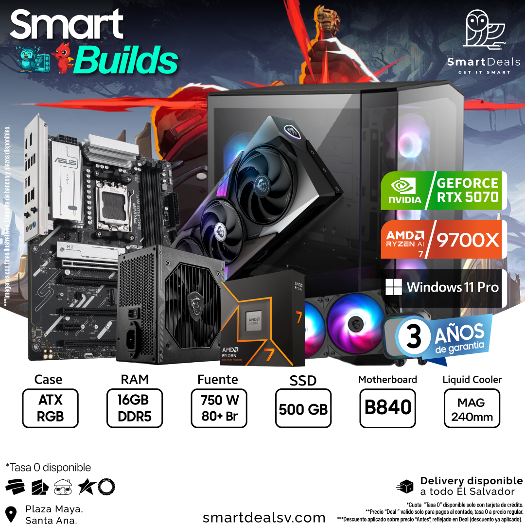 SmartBuilds PC Gamer | AMD Ryzen 7 9700X | NVIDIA GeForce RTX 5070 | RAM 16GB DDR5 | SSD 500GB | Windows 11 Pro