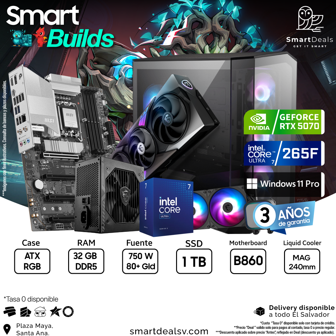 SmartBuilds PC Gamer | Intel Core Ultra 7 265F | NVIDIA GeForce RTX 5070 | RAM 32GB DDR5 | SSD 1TB | Windows 11 Pro