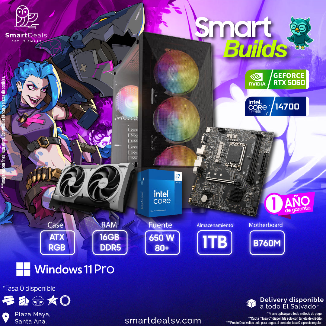 PC Smart Builds | Intel i7-14700 | RTX 5060 | RAM 16GB DDR5 | M.2 1TB | 650W