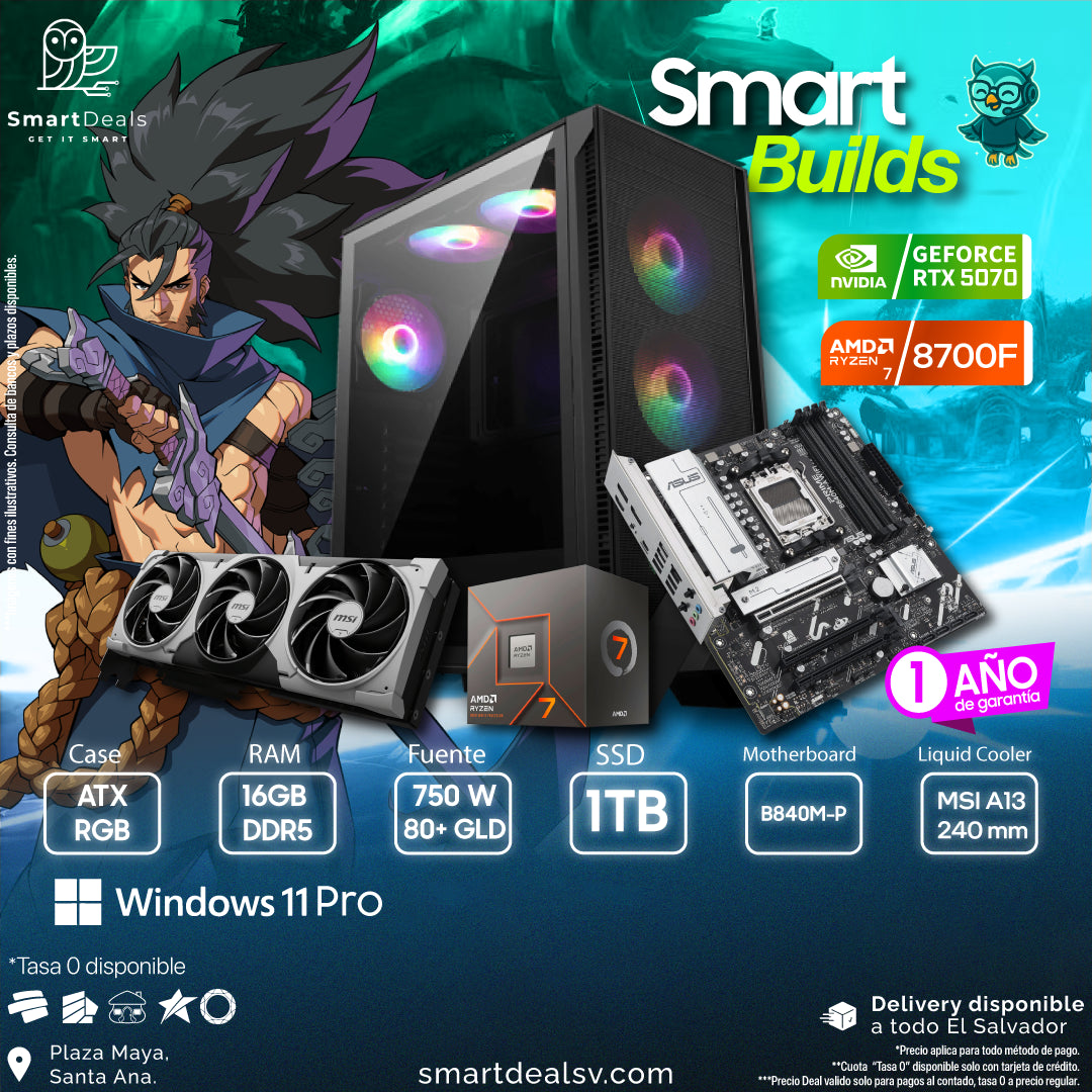 PC Smart Builds | Ryzen 7 8700F | RTX 5070 | RAM 16GB DDR5 | M.2 1TB | 750W Gold