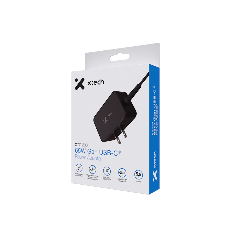 Adaptador de Corriente GaN Xtech XTC-230 | 65W | USB-C | Carga Rápida | Cable 1.8m