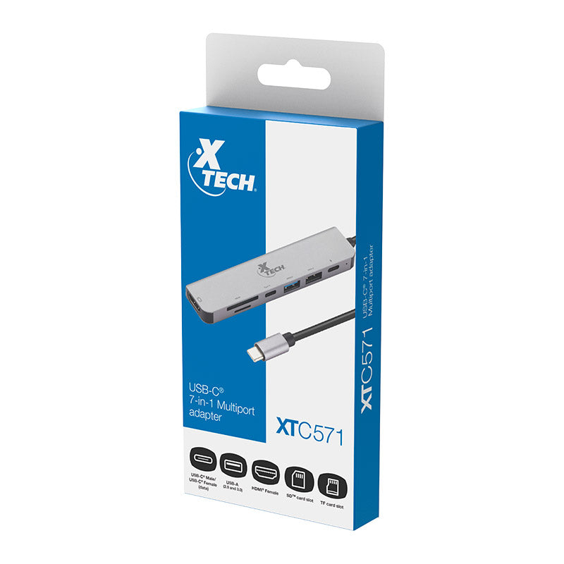 Adaptador Multipuerto 7 en 1 Xtech XTC-571 | USB-C | HDMI 4K | USB 3.0 | PD 60W