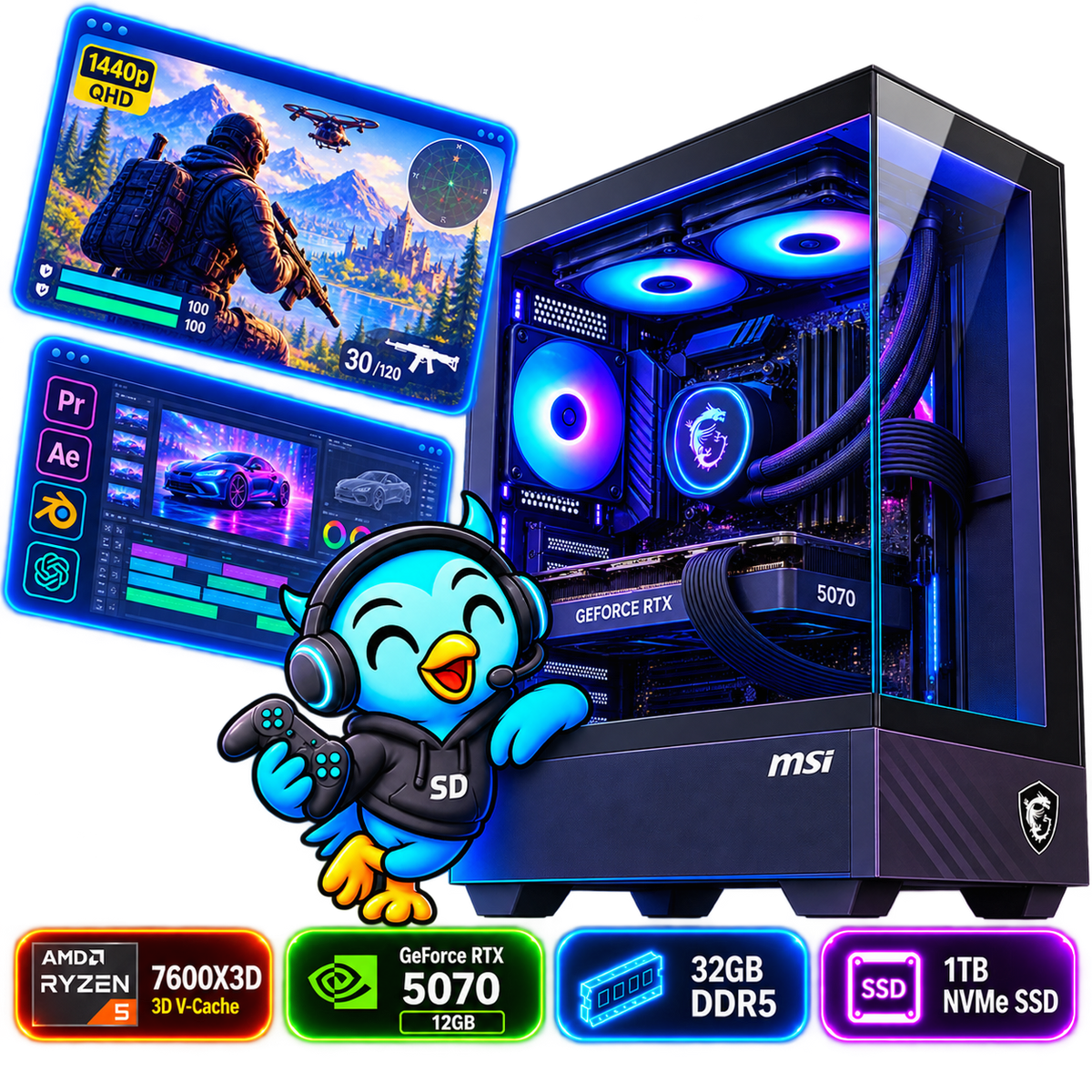 PC Smart Build Elite RTX 5070 X3D | Ryzen 5 7600X3D | RTX 5070 12GB | 32GB DDR5 | 1TB SSD